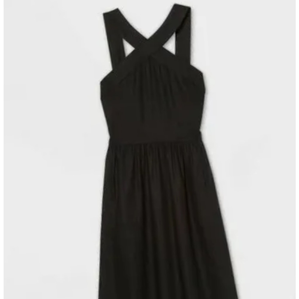 XL black linen crisscross long dress. Excellent condition